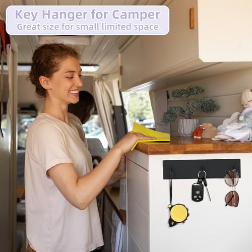 VIS'V Key Holder Wall Mount, Small Adhesive Key Hanger with 3 Hooks, Black | Metal Material, No Drilling, Extra Adhesive Strip, Suitable for Entryway, Hallway, Doorway, Kitchen, Garage, Camper - color: Black