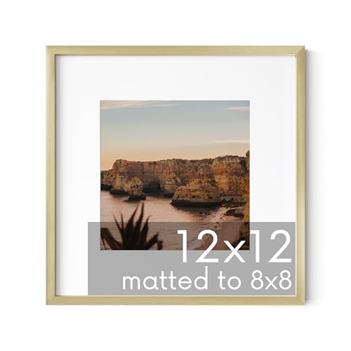 HAUS AND HUES 12x12 Gold Metal Picture Frame Matted to 8x8 - Features Premium Aluminum & Hanging Hardware, Shatterproof Plexiglass - Ideal for Home, Office (12x12 in, Gold, Set of 1) - color: Gold Metal, size: 12x12 in, style: Set of 01