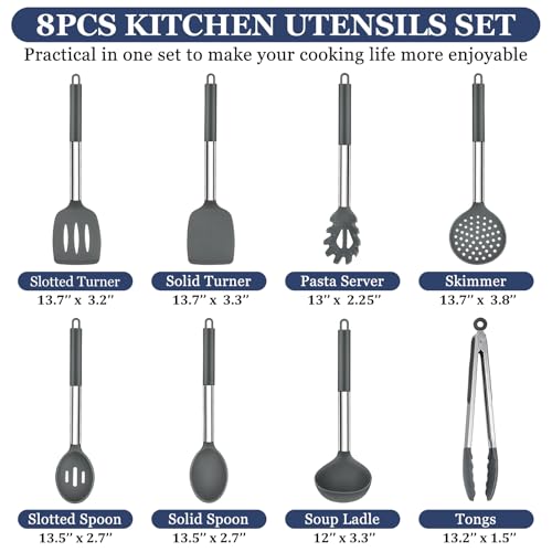 TeamFar Kitchen Utensils Set of 8, Silicone Utensils Kitchen Tools | Stainless Steel Handle, for Nonstick Cookware Frying Flipping Draining, Healthy & Anti-heat, Nonstick & Dishwasher Safe -Gray - color: Light Grey