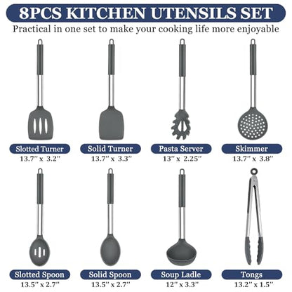 TeamFar Kitchen Utensils Set of 8, Silicone Utensils Kitchen Tools | Stainless Steel Handle, for Nonstick Cookware Frying Flipping Draining, Healthy & Anti-heat, Nonstick & Dishwasher Safe -Gray - color: Light Grey