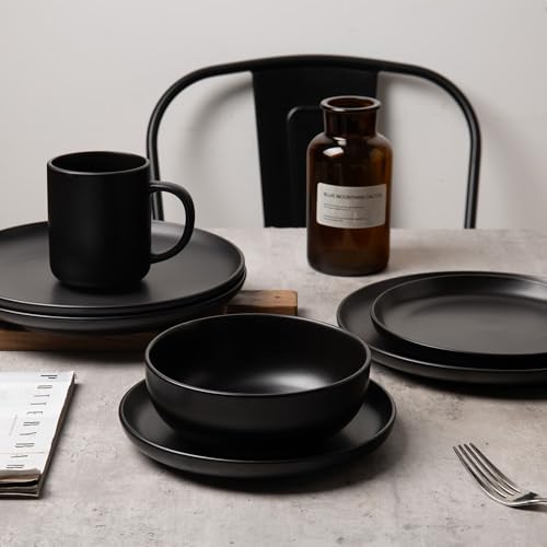 12-Piece Stoneware Dinnerware Set with Mugs | Microwave and Dishwasher Friendly | Stackable Matte Glaze Plates & Bowls | Service for 3 (Black for 3) - color: Black for 3