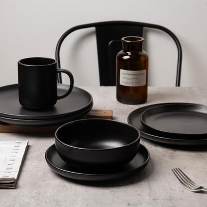 12-Piece Stoneware Dinnerware Set with Mugs | Microwave and Dishwasher Friendly | Stackable Matte Glaze Plates & Bowls | Service for 3 (Black for 3) - color: Black for 3