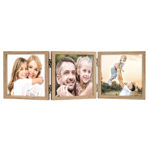 WUTL 3 Picture Frame Triple Collage 5x5 Frames with Real Glass Wood Grain | Trifold Photo Frame, Hinged Foldable, Crystal Clear Real Glass - color: Wood Grain, size: 5x5