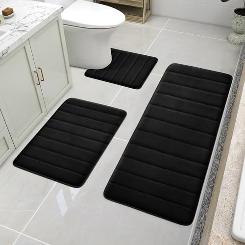 BYSURE Black Memory Foam Bath Mats Extra Long | Non Slip Extra Soft Absorbent Machine Washable Toilet Bathroom Rug Set 3 Piece 20"x32"+24"x44"+U Shape 20"x24" - color: Black, size: 20"x32"+24"x44"+U Shape 20"x24"