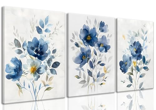 KISSFOX Framed Colorful Wildflower Blue Canvas Wall Art Set Of 3 Flowers Pictures Prints Flowers Printing Floral Watercolors Flower wall Decor Living Room Girls Bedroom Bathroom - color: Blue, size: 16x24 In Canvas