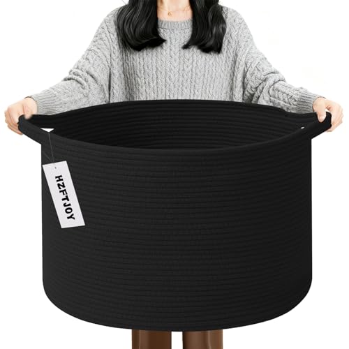 90L Extra Large Blanket Basket,Woven Rope Laundry Basket-Black | Collapsible, reinforced handles, nursery storage bin organizes clothes, toys and pillows for living room, bedroom bathroom - color: Black, size: 21.7"L x 21.7"W x 13.8"H（90L)