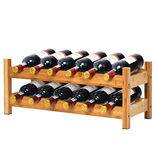 HAPPYGRILL Wine Rack, Free Standing 12 Bottles 2-Tier Wine Display Rack, Bamboo Wine Storage Rack Countertop, Natural Wine Bottle Holder Shelf for Bar, Home, Kitchen, Pantry - color: Nature