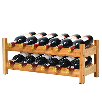 HAPPYGRILL Wine Rack, Free Standing 12 Bottles 2-Tier Wine Display Rack, Bamboo Wine Storage Rack Countertop, Natural Wine Bottle Holder Shelf for Bar, Home, Kitchen, Pantry - color: Nature