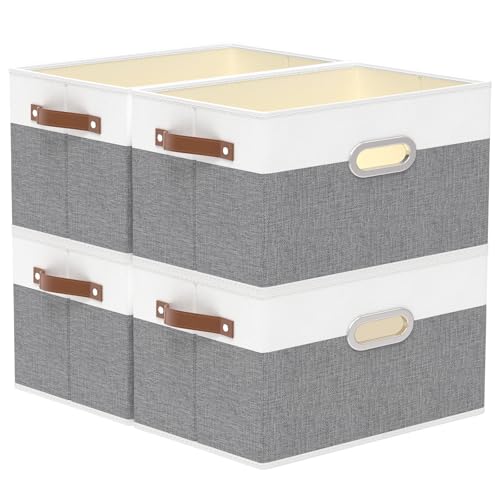 Yawinhe Collapsible Fabric Storage Bins,16.9x11.8x10.2in,White/Grey,4-Pack | Foldable Storage Baskets for Shelves, Closet Boxes for Organization, Washable Closet Organizer for Towels, Canvas Bins - color: White/Grey, size: 16.9x11.8x10.2inch(4-Pack)