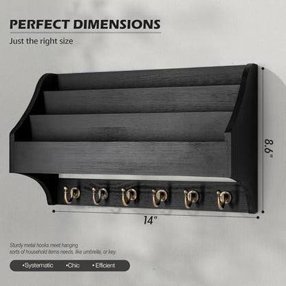 Rebee Vision Mail Organizer Wall Mounted with 6 Key Hooks, Black | Pine Wood, Key Holder Wall Mount, Hanging Mail Holder for Wall, 3-Tier Letter Slots, key Hanger, Apartment Rustic Aesthetic - color: Black