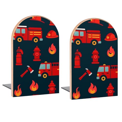 Red Fire Trucks Book Ends Decorative Wood Bookends for Shelves Kids Room Desk Home Office Book Stoppers for Magazines,Books, DVDs, 1 Pair/2 Pieces(5x3.1 in) - color: Red Fire Trucks
