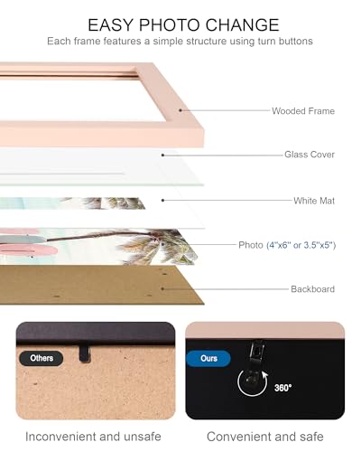 Hongkee 4x6 Picture Frame (4 Pack, Pink), Made of Real Glass and Wooden Frame - Display Pictures 3.5x5 with Mat or 4x6 Without Mat, 4 by 6 Photo Frames TableTop Display and Wall Mounting - color: Pink, size: 4x6 in