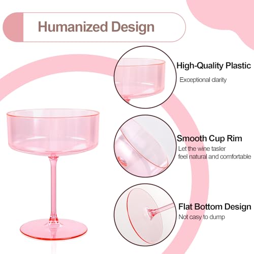 Ciaell 12 Pack 10 oz Pink Plastic Martini Glasses for Bar | Heavy Duty Plastic, Stemmed Coupe Shape, Cocktail Margarita Whiskey and Wine Service, Weddings and Parties - color: Basic Pink