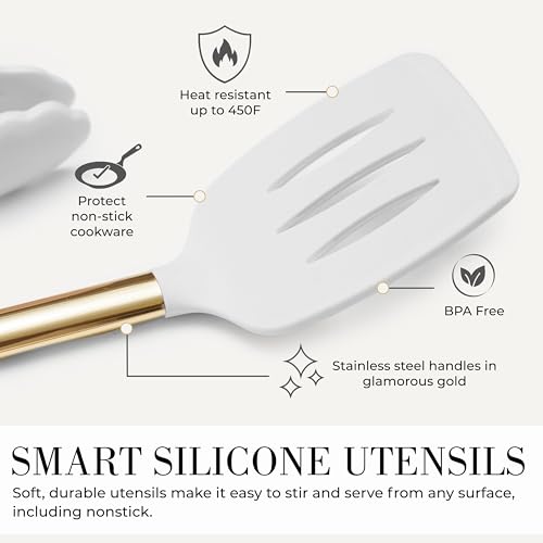 Styled Settings White and Gold Kitchen Utensils Set, 15-Piece | BPA free, Non-Scratch, Silicone Utensils Set Includes Measuring Cups and Spoons, White and Gold Kitchen Accessories - color: 15 Piece White & Gold