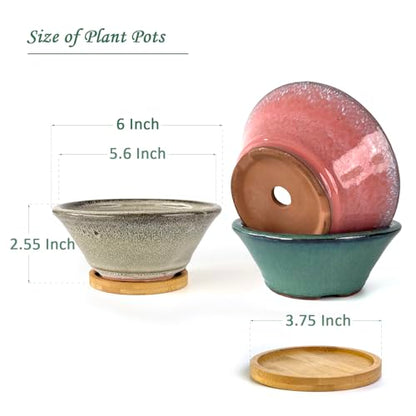 6 Inch Glazed Terracotta Succulent Pot Planter Small Plant Pot with Drainage Hole and Bamboo Saucer Cactus Ceramic Pot Set of 3 (Light Green Pink White)