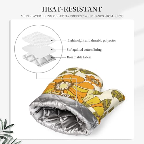 Retro 70s Style Flower Oven Mitts and Pot Holders Sets Silicone Kitchen Mitts Potholders Heat Resistant 4Pcs Oven Gloves Hot Pads for Kitchen Baking Cooking BBQ Grilling - color: Plant Flower