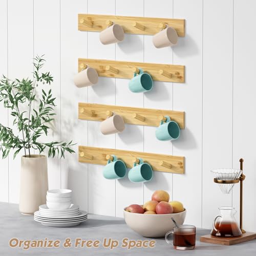 Forbena Natural Wood Coat Rack Wall Mount Set of 4, Wooden Wall Hooks for Bathroom Towels, Vertical Coat Hanger for Kids Room, Boys Girls Bedroom, Office, Entryway Keys Hats and Shoes -16 Hooks - color: Bamboo Wood