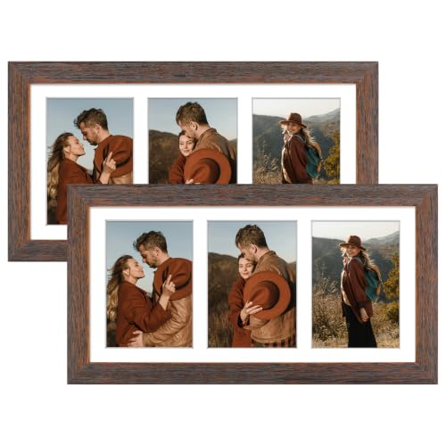 Golden State Art Collage Frame 7x14 for 3 4x6 Photos Wood Distressed Brown | 2 Pack, Clear Real Glass & White Mat, Horizontal Vertical Display Multi Pictures For Gallery Wall, Home Decor & Holiday Gift - color: Distressed Brown With White Mat, size: 2 Pac