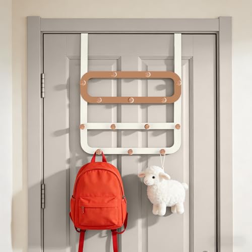 Over Door Hooks for Kids Backpacks - 21.5" Extra Long Door Hanger Low Reach, 14 Wooden Ball Coat Rack for Nursery Bedroom Bathroom, White & Green Purse Bag Towel Holder Organizer - color: Orange