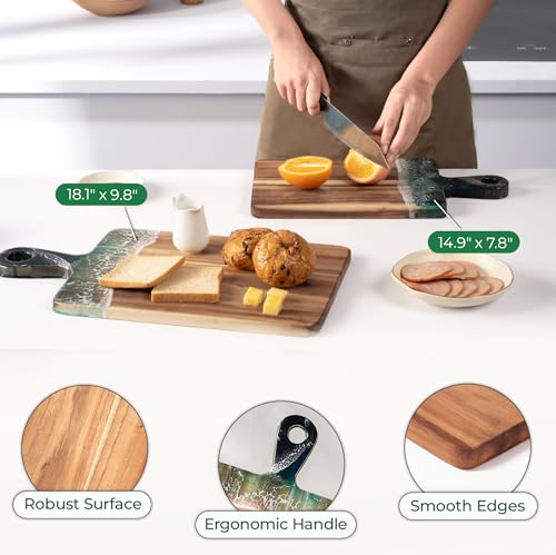 Acacia Wood Serving Board with Handle, 18.1" x 9.8", Dual-Sided Resin Art Tray for Display & Prep, Handcrafted Cutting Board, Includes Stand & Loofah, Christmas Housewarming Gift (Rectangular) - color: Rectangular Cutting Board, size: 18.1" x 9.8" x 0.7"