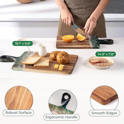 Acacia Wood Serving Board with Handle, 18.1" x 9.8", Dual-Sided Resin Art Tray for Display & Prep, Handcrafted Cutting Board, Includes Stand & Loofah, Christmas Housewarming Gift (Rectangular) - color: Rectangular Cutting Board, size: 18.1" x 9.8" x 0.7"