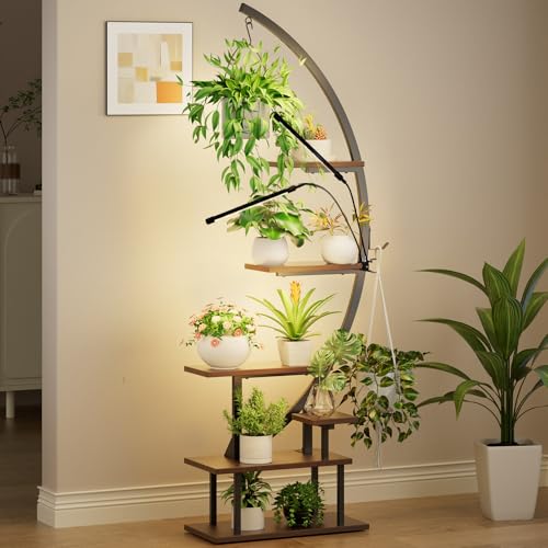 GREENSTELL Plant Stand Indoor with Grow Lights, 7-Tiered Tall Metal Plant Stand for Indoor Plants, Half-Moon Shape Display Shelf for Home,Living Room, Patio, Brown (1 Pack) - color: Brown, size: 22.5 in
