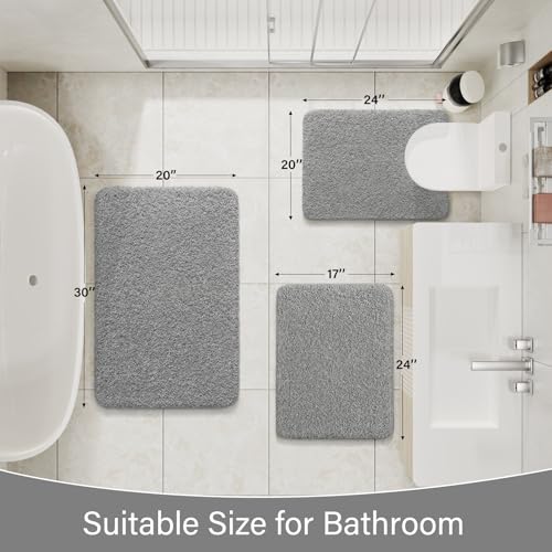 LOCHAS Bathroom Rugs Sets 3 Piece, Microfiber Bath Mat Set Non Slip, Grey | Washable Absorbent Toilet Rug, Shaggy Soft Cozy Quick Dry - color: Grey, size: 30" x 20" + 24" x 17" + U Shape 24" x 20"