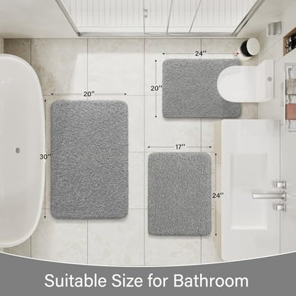 LOCHAS Bathroom Rugs Sets 3 Piece, Microfiber Bath Mat Set Non Slip, Grey | Washable Absorbent Toilet Rug, Shaggy Soft Cozy Quick Dry - color: Grey, size: 30" x 20" + 24" x 17" + U Shape 24" x 20"