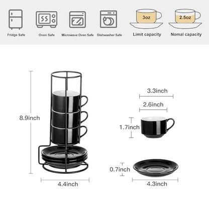 YOLIFE 2.5oz Espresso Cups Set of 4, Porcelain Stackable Espresso Cups, Expresso Shots Cup Set with Saucers and Metal Stand-Black - color: Black, size: 2.5oz