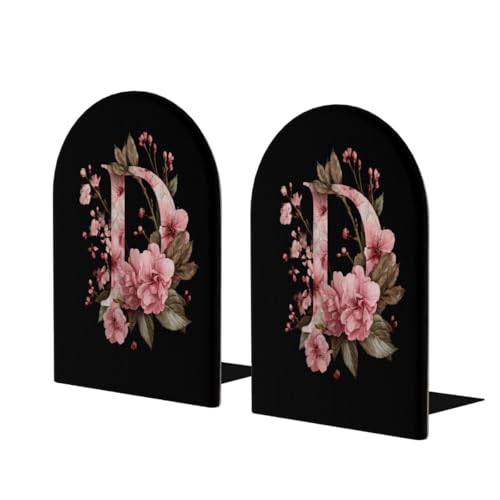 Wood Book Ends for Shelves Pink Floral Alphabet D Bookends for Heavy Books CDs Organizer Decorative Wooden Book Stopper Holders for Home Office Desk,6.7x4.2x4in Set of 2 - color: Floral D, size: 6.7x4.2x4inx2PCS
