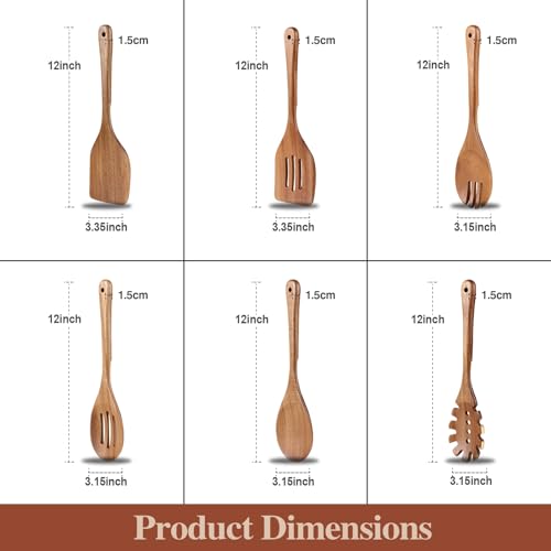 Wooden Cooking Utensils, 6 Pieces Natural Acacia Wooden Spoons For Cooking with Non Stick & Heat Resistant Design, Wooden Kitchen Utensil Set with Hanging Hole for Stirring, Mixing, Cooking - color: Natural