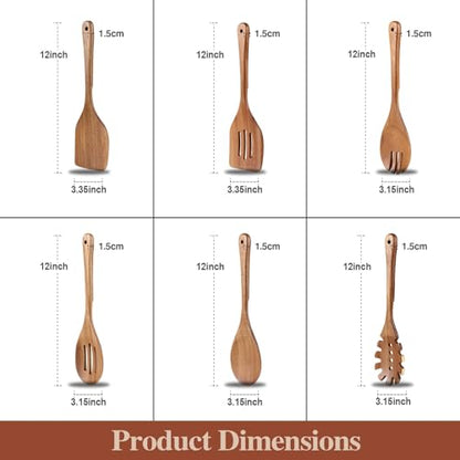 Wooden Cooking Utensils, 6 Pieces Natural Acacia Wooden Spoons For Cooking with Non Stick & Heat Resistant Design, Wooden Kitchen Utensil Set with Hanging Hole for Stirring, Mixing, Cooking - color: Natural
