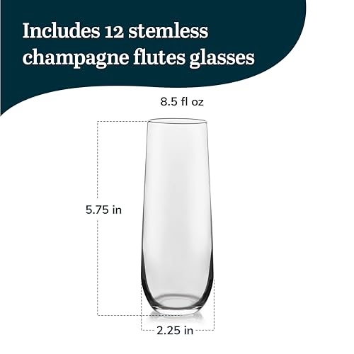 Libbey 228 Stemless Champagne Flutes Glass Set of 12, Elegant 8.5 Oz Flute Glasses for Champagne, Clear Fluted Glassware - color: Stemless Flute 12