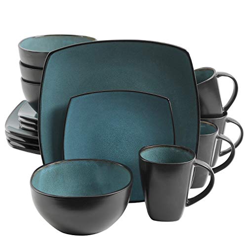 Gibson Elite Soho Lounge 16-Piece Reactive Glaze Dinnerware Set – Teal and Black Tutone Stoneware Plates and Bowls - color: Teal/Black (Soho Lounge), size: Service for 4 (16pcs)