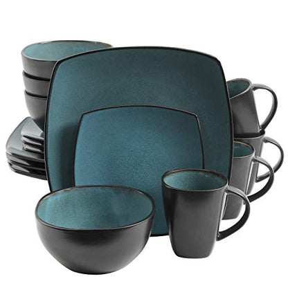Gibson Elite Soho Lounge 16-Piece Reactive Glaze Dinnerware Set – Teal and Black Tutone Stoneware Plates and Bowls - color: Teal/Black (Soho Lounge), size: Service for 4 (16pcs)