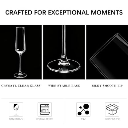 6 Pack Champagne Flutes - Elegant Stemware Champagne Glass Set for Weddings, Birthdays, Holidays - 7.5oz Crystal Clear, Dishwasher Safe, Ideal Gift Set (6)