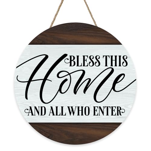 God Bless This Home and All Who Enter Welcome Front Door Sign | Christian Family Quote Jesus Farmhouse Wood Hanger Outdoor Porch Decor, Religious Wooden Wreath Indoor Wall Hanging - color: Home-1