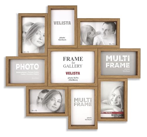 VELISTA 9 Opening Family Picture Frame Collage for Wall Décor – Farmhouse Rustic Multi Photo Frame Made of Engineered Wood with Plexiglass Front (Walnut) - color: Walnut