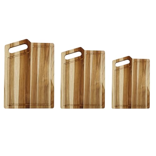 EcoDecors 3-Piece Teak Cutting Board Set with Juice Groove & Handle | Each wood cutting board with juice groove captures meat juices, making it ideal for carving, BBQ, and meal prep. - color: Corner Handle, size: Corner Handle 3 Pack