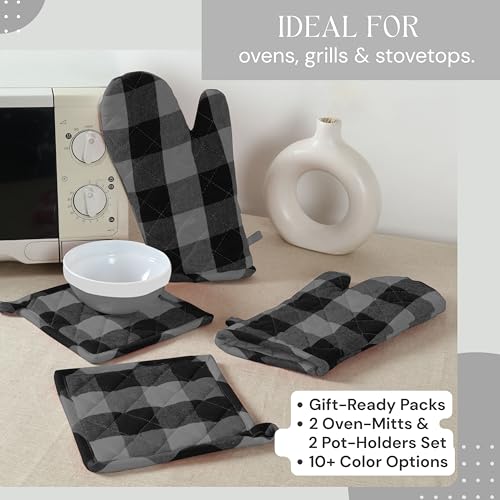 Buffalo Plaid Check Oven Mitts and Pot Holders Set, 100% Cotton, Heat Resistant, 2 Oven Gloves (7x13 Inches) & 2 Hot Pads (8x8 Inches) for Cooking and Baking, Light Grey & Black White - color: Light Grey & Black, Buffalo Plaid