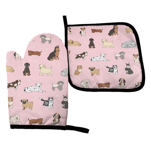 Perinsto Cute Dogs Animals Pink Oven Mitts & Pot Holders Kitchen Set Heat Resistant Decorative Cooking Gloves Microwave Oven Gloves for Baking Grilling BBQ - color: Dogs Pink, size: Set of 2