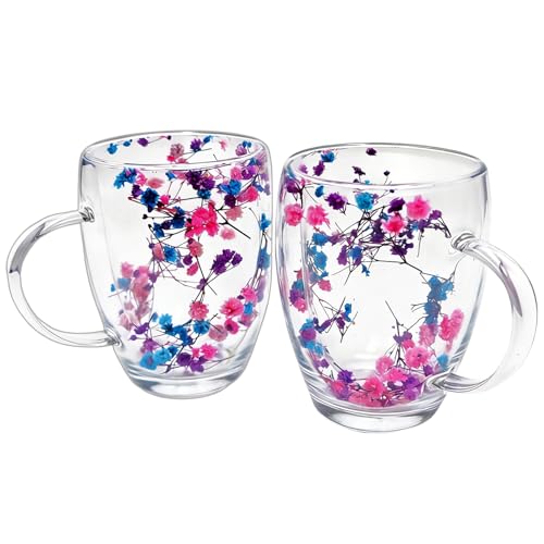 Viovian 13oz Double Wall Glass Coffee Mugs Set of 2 Insulated Glass Coffee Cups with Handles,Clear Dried Flower Tea Mug for Hot Beverages,Tea Cup Women Birthday Gifts - color: 13oz double wall glass mugs set of 2（Starry Sky）
