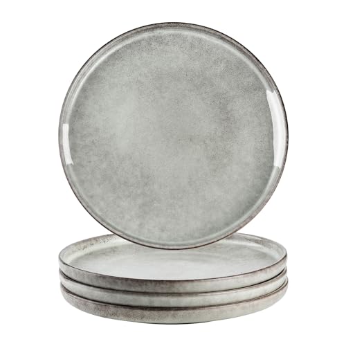 Henten Home 10 Inch Ceramic Dinner Plates, Porcelain Steak Plates Set of 4, Fluted Round Plates for Kitchen, Pasta, Salad Stonware Dishes, Scratch Resistant (Grey) - color: Gray, size: 10 inch
