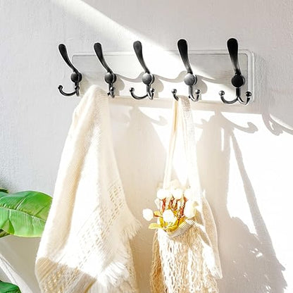 Coat Rack Wall Mounted - 5 Tri Hooks, Heavy Duty, Wooden Wall Coat Hanger Coat Hook for Clothes Hat Jacket Clothing, White & Black - color: White & Black, size: L=17.4"