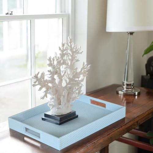 HofferRuffer Rectangle Serving Tray with Hole Handles for Coffee Table, Breakfast, Tea, Food, Butler - Countertop, Kitchen, Vanity Serve Tray, 16.2 x 12.2 x 2 inches, Faux Leather (LightBlue) - color: Lightblue