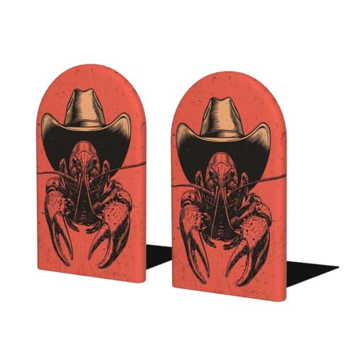 Crawfish Wearing Cowboy Hat Western Rustic Bookends | 2 Pcs Wooden Book Stopper Organizer For Home Office Libraries
