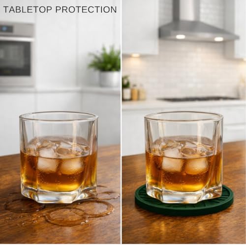 Silicone Drink Coasters, Set of 6, with Groove Patterns and Gold Holder - Olive Green - color: Olive Green