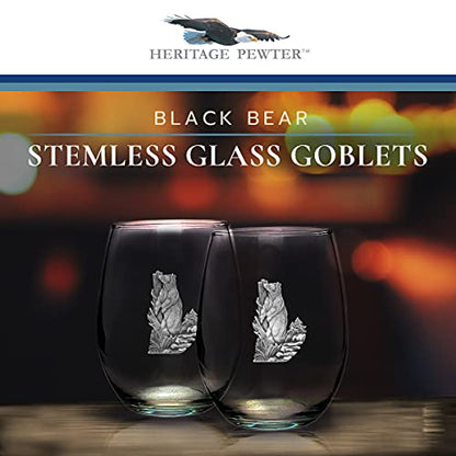 Heritage Pewter Black Bear Stemless Glass Goblets – Set of 2 | 15 OZ Goblet Wine Glasses | Expertly Crafted Pewter Glass - style: Black Bear