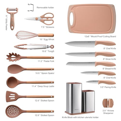 Utensil Sets,18-Piece Silicone Cooking Utensils and Knife Set,Mousse | Dishwasher-Safe Kitchen Utensils,Large Capacity Countertop Organizer for Knives,Utensils,Cutting Board - color: Mousse