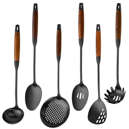Izurok 18/10 Stainless Steel Kitchen Utensils Set,6 Piece Cooking Utensils With Wood Handle,Heat Resistant Kitchen Tool Set With Spatula, Spoon, Ladle, Skimmer, Slotted Spoon, Pasta - color: BLACK-6 Pieces, size: Small